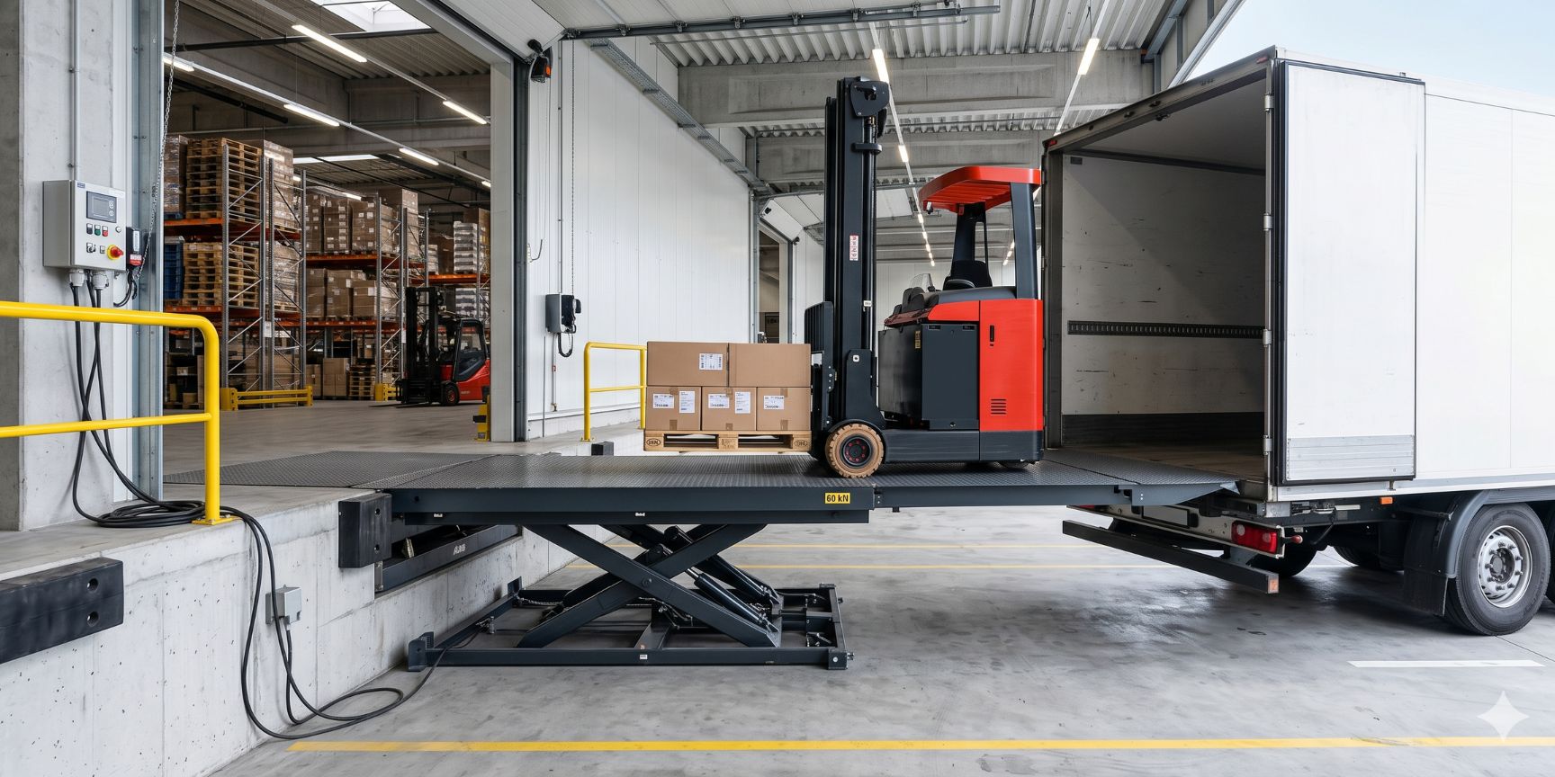 A detailed view of a hydraulic feeder bridge with the telescopic lip extended, which rests seamlessly on the back of a truck. A forklift drives over it to load goods in a logistics property.
